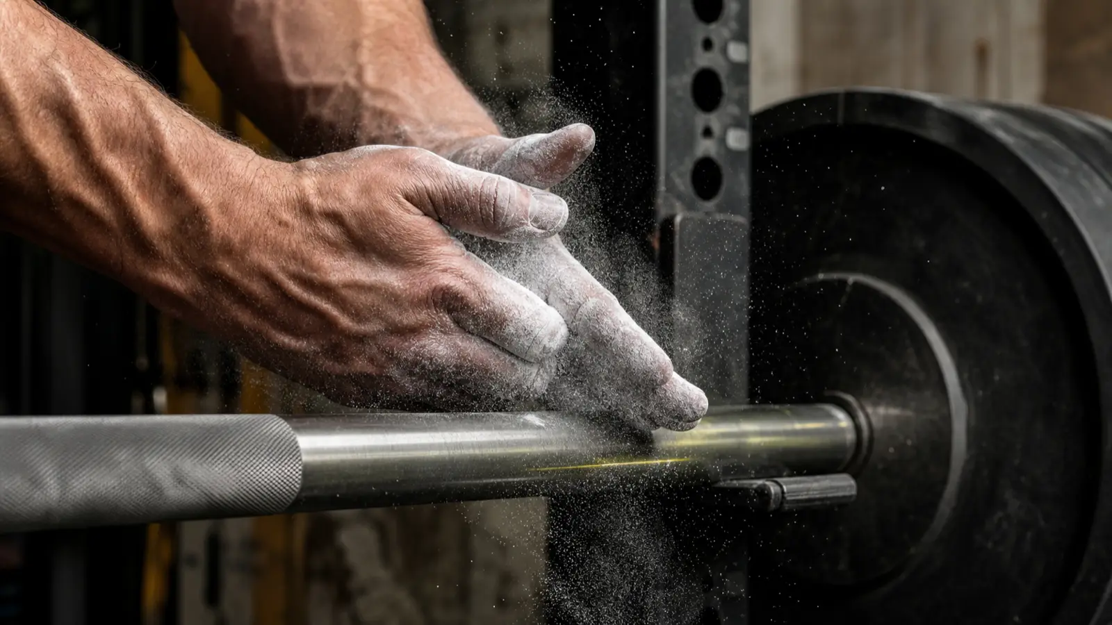 Close-up of a lifter chalking their hands before gripping a loaded barbell in a dark gym