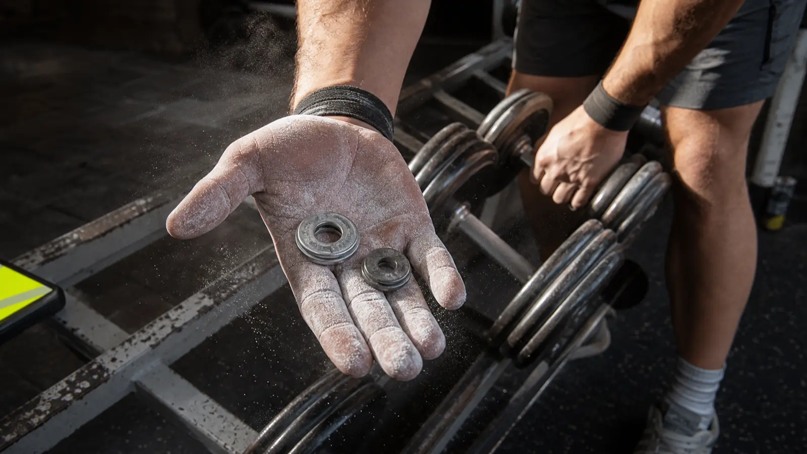 Loading a small fractional plate onto a barbell between sets