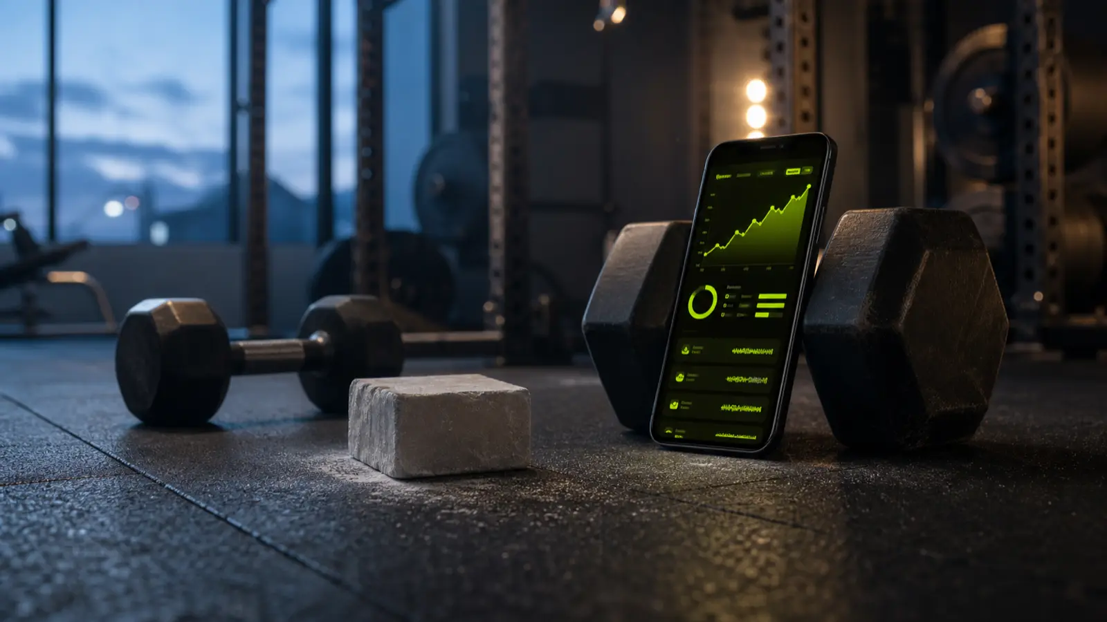 A smartphone propped against a dumbbell on a gym floor, screen glowing volt green with a rising workout progress chart