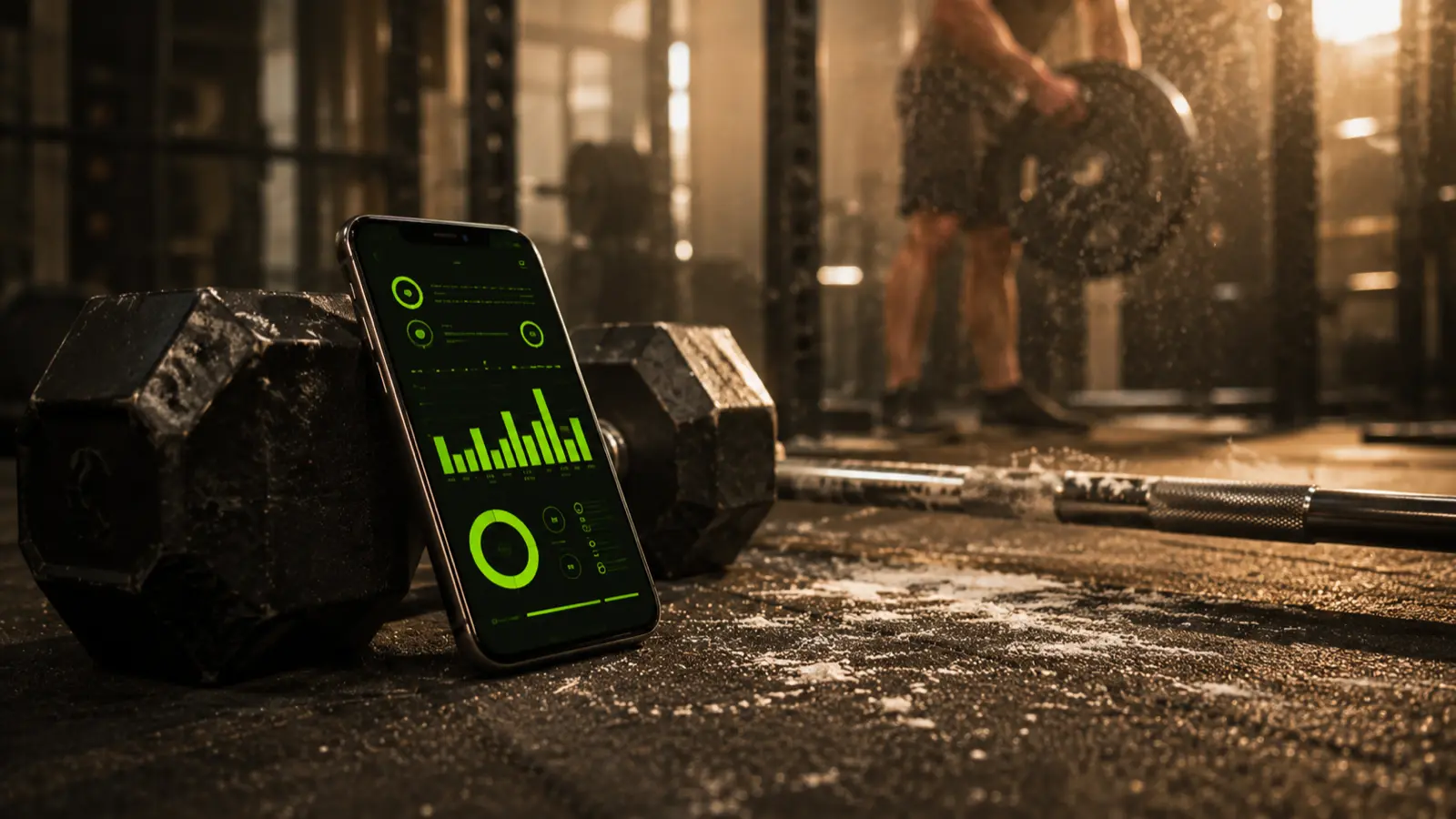 A phone propped against a dumbbell on a gym floor showing a free workout tracker app with volt green accents