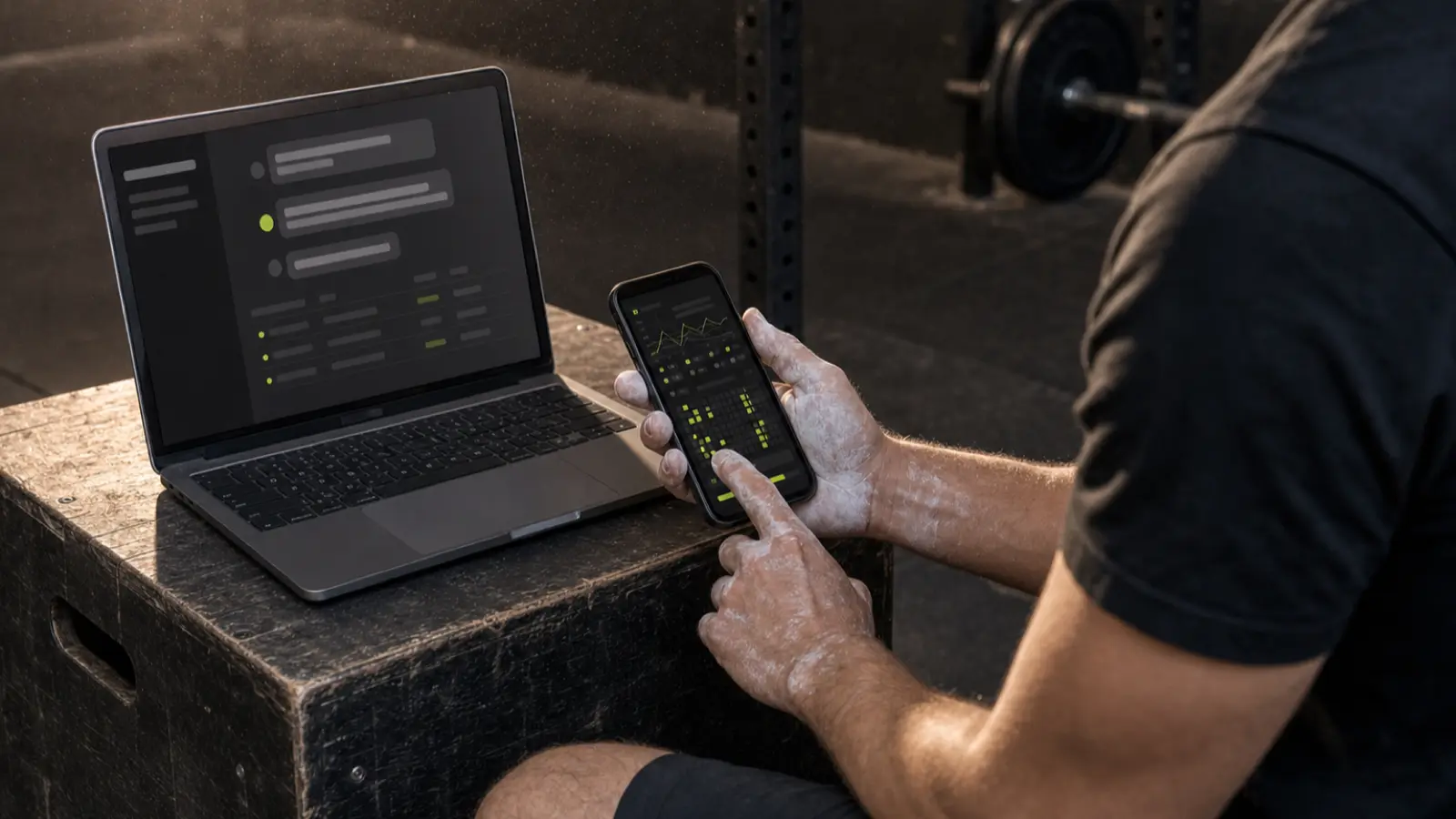 A lifter copies a ChatGPT workout plan from a laptop into a phone workout log in a dark gym