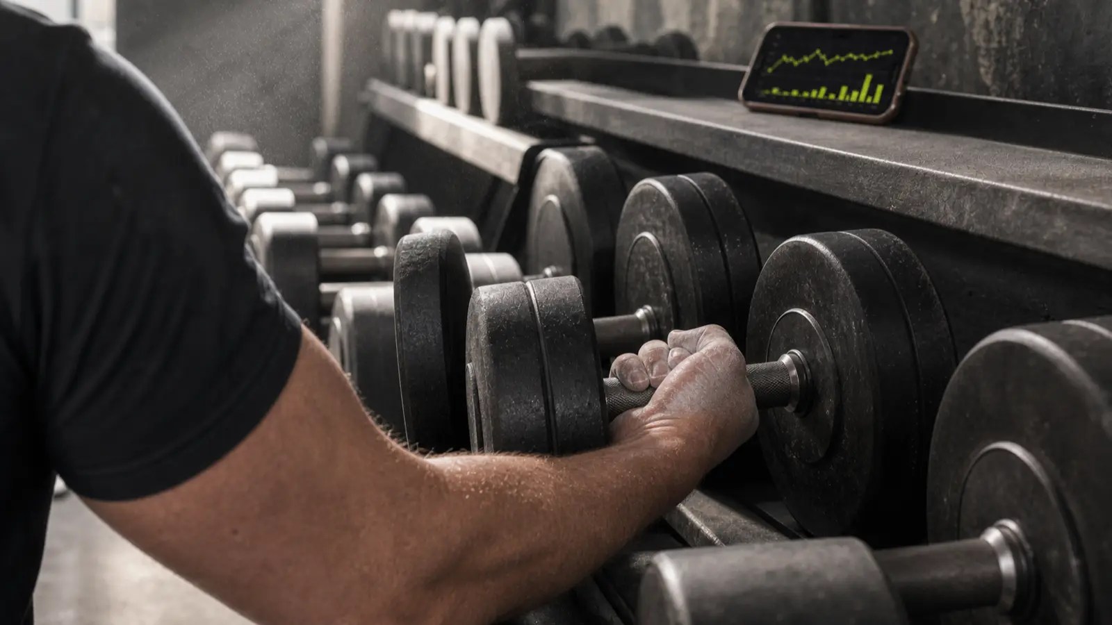 Chalked hand reaching for the next dumbbell up on a gym rack