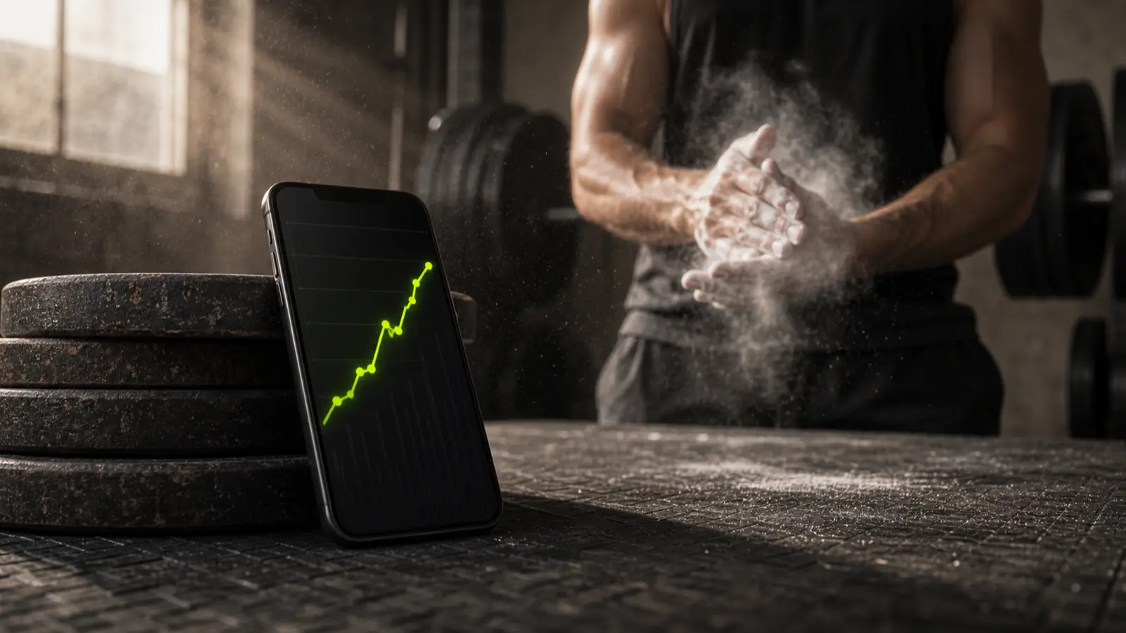 Lifter checking a rising strength progress chart on a phone in a dark gym