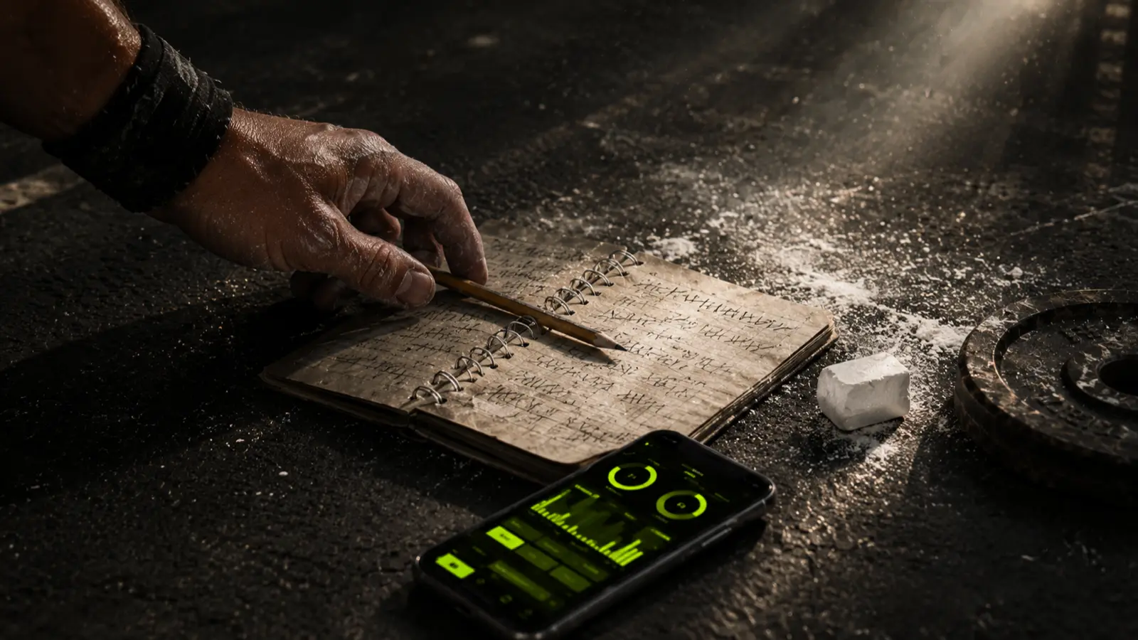 Workout log notebook and phone workout tracker app on a dark gym floor