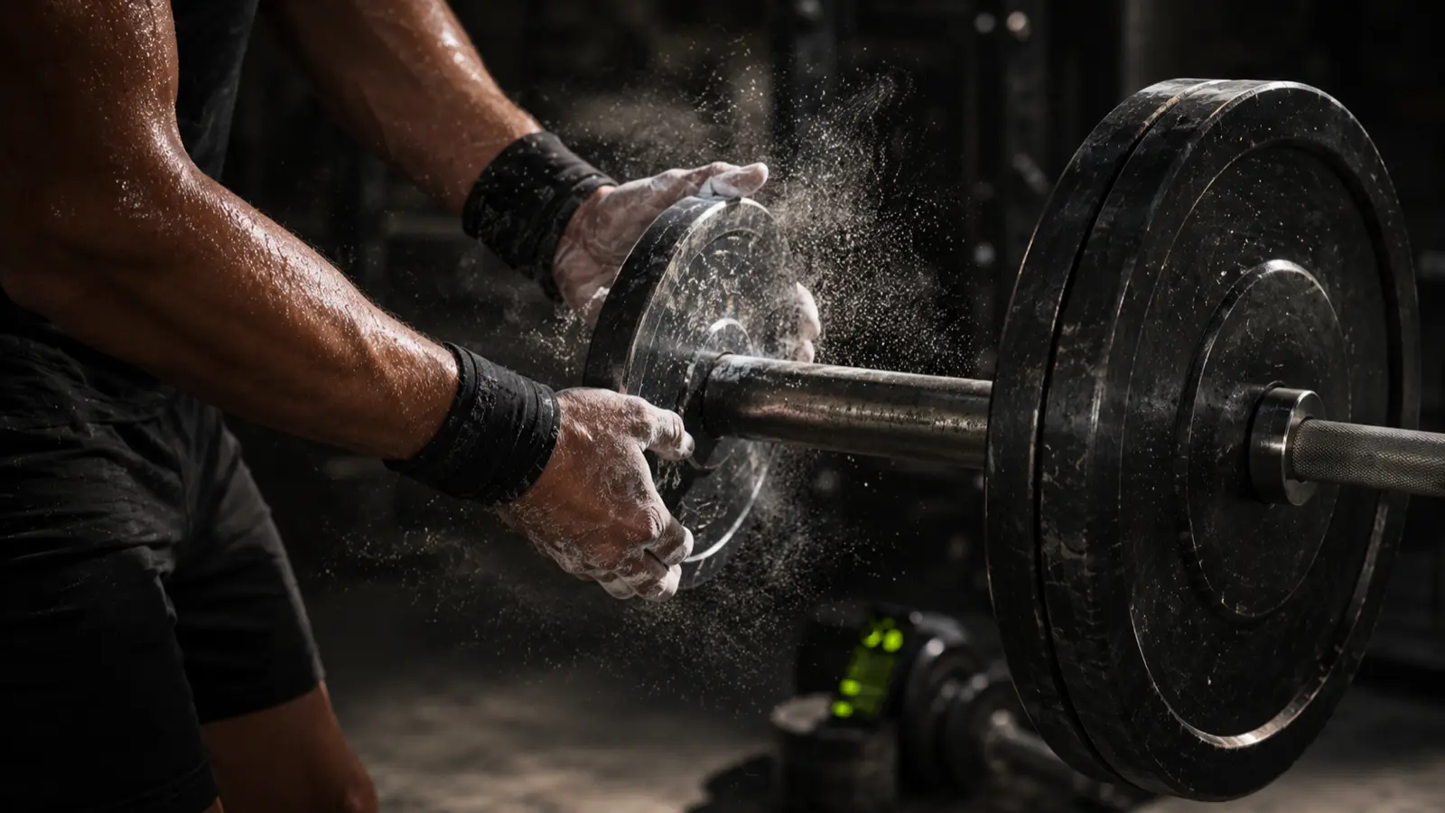 Lifter adding a small weight plate to a barbell for progressive overload