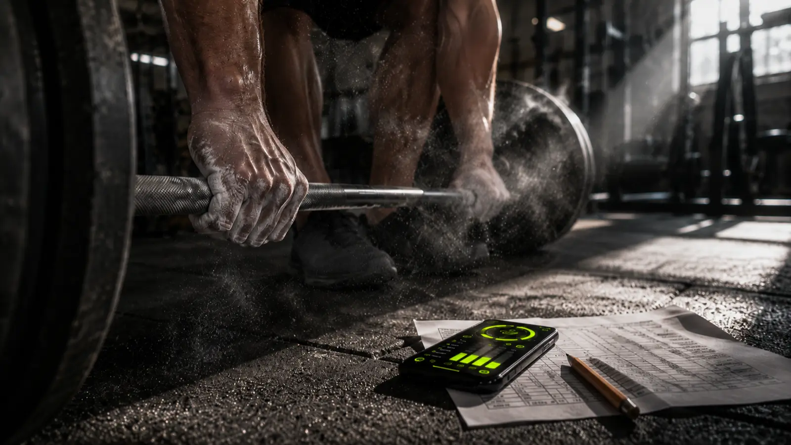 Phone workout tracker app next to a printed training spreadsheet on a dark gym bench