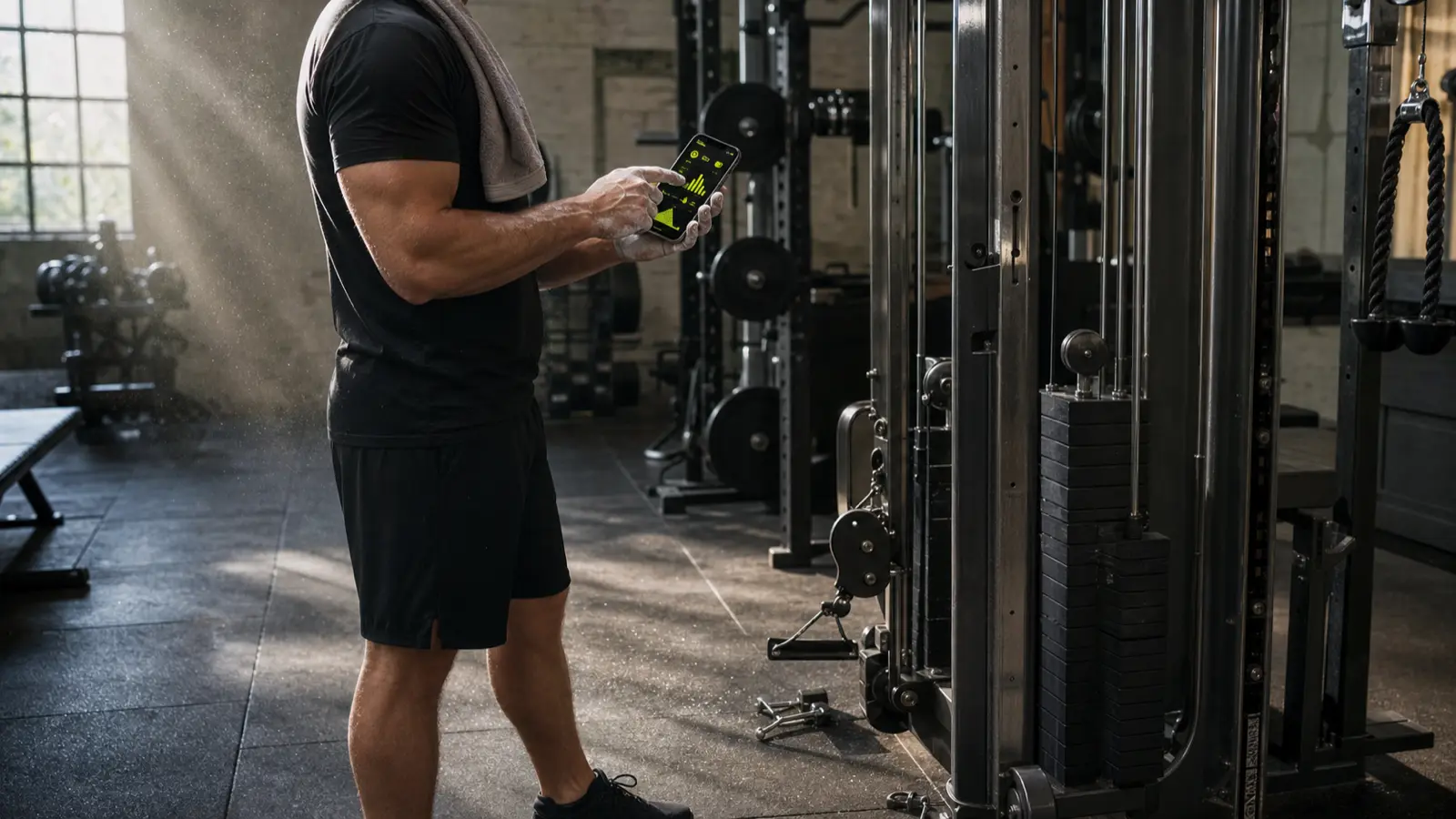 Lifter checking a workout tracker app on a phone between sets