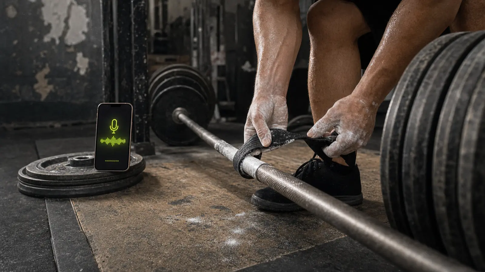 Lifter with chalked hands speaking a set into a phone between sets in a dark gym