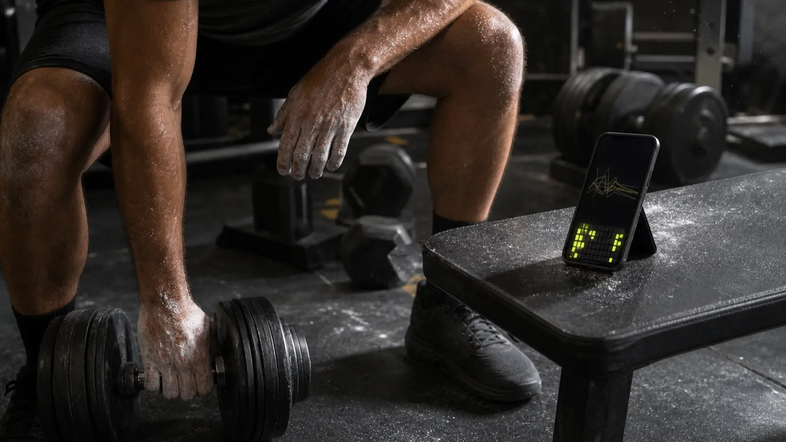 Lifter uses fast voice workout logging beside a heavy dumbbell in a dark gym