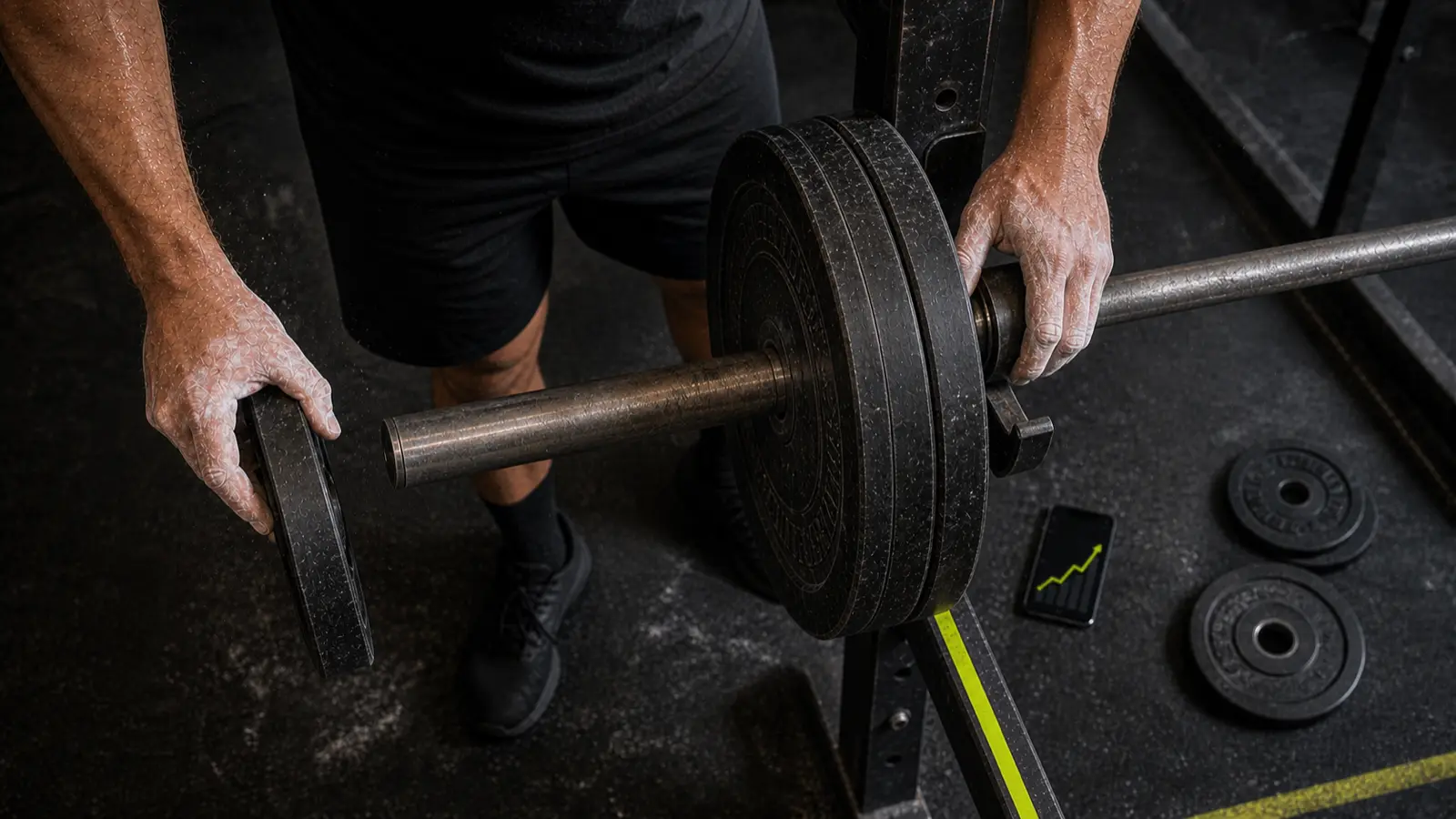Lifter removes a small plate for a drop set while tracking workout volume