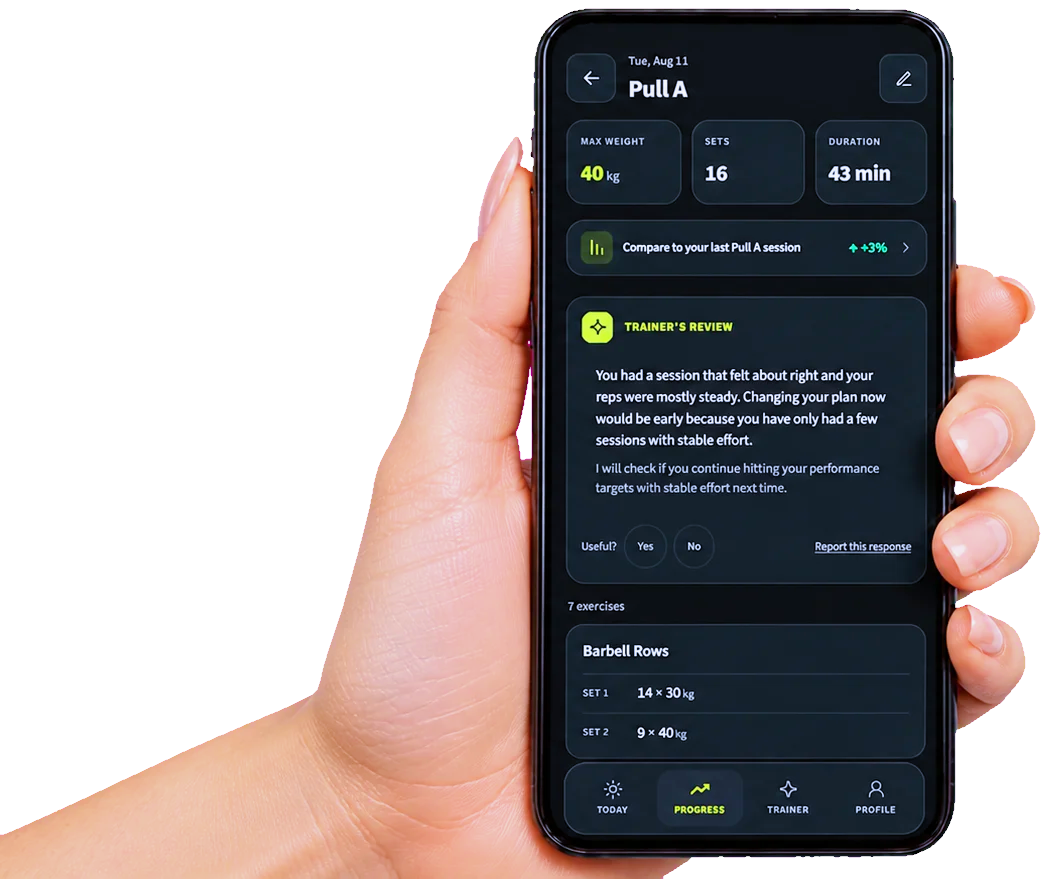 A phone held after a workout, showing the AI Trainer's Review for a Pull A session