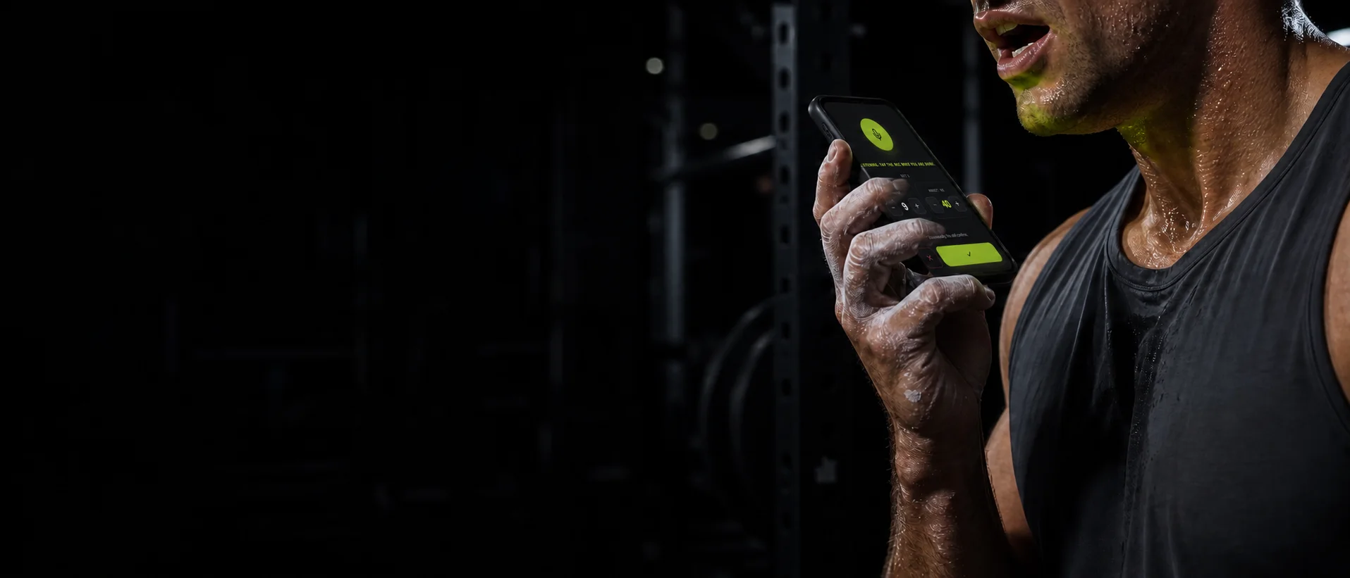A lifter at a rack speaking a set into their phone, the app listening for reps and weight